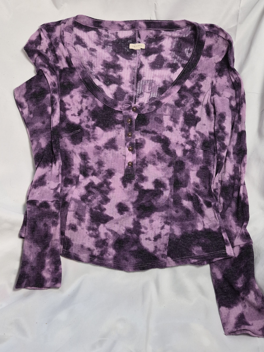Pilcro Anthropologie Purple Black Tie Dye Ribbed Henley Top Knit Shirt L Boho
